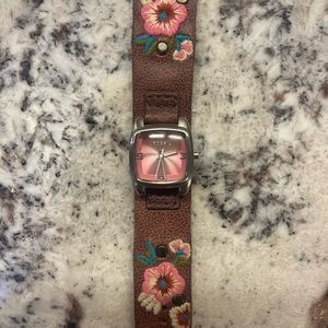 Unique Rare Leather Fossil Watch Embroidered Flowers Great Condition JR-9592